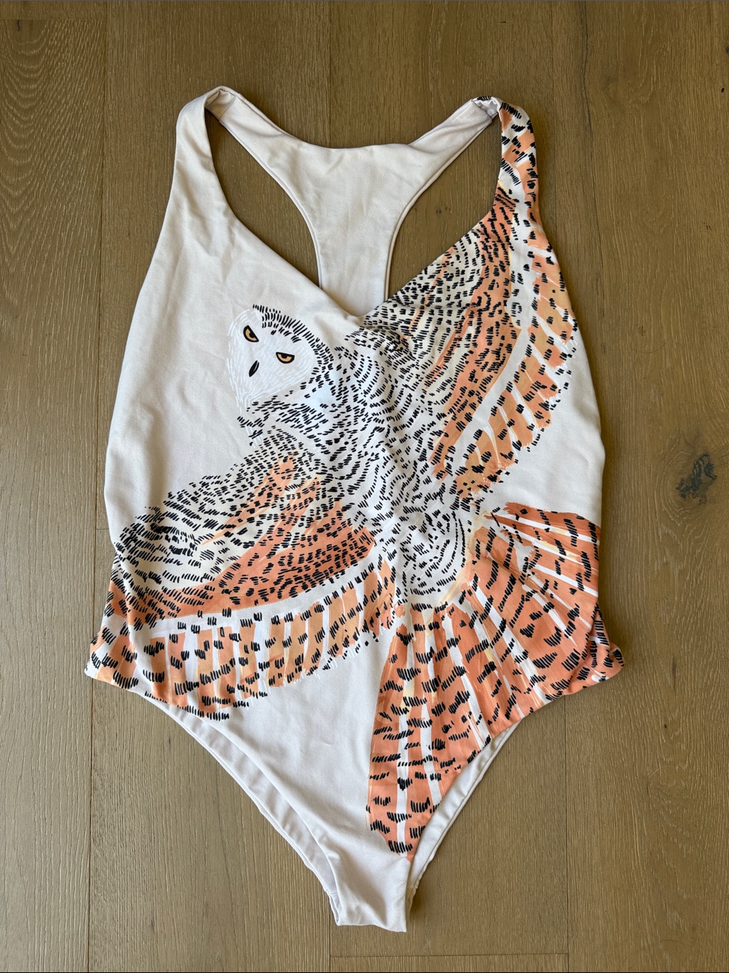 Boys + Arrows Cream One-Piece Swimsuit With Orange And Black Owl Print, Size L
